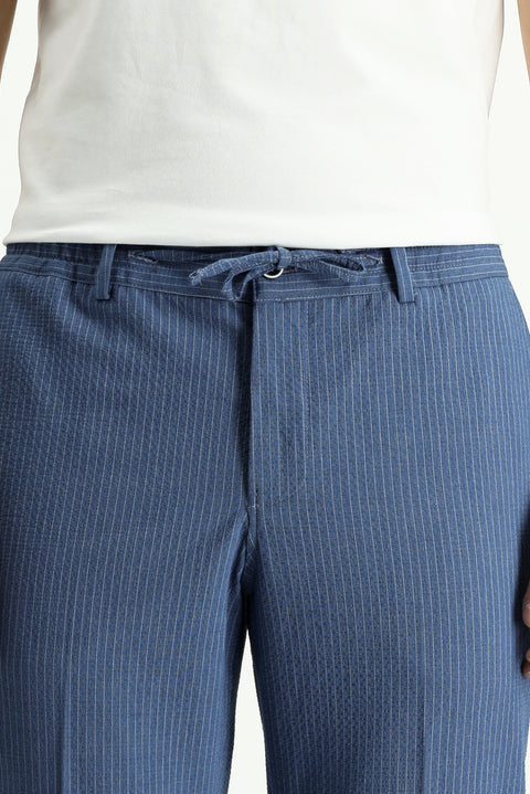 İndigo 7 Drop Super Slim Fit Eksra Dar Kesim Çizgili Beli Lastikli İpli Gofre Takım Elbise