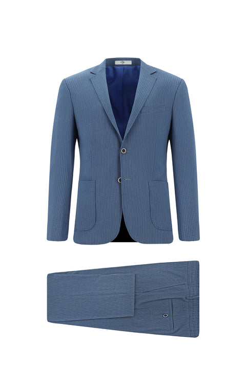 İndigo 7 Drop Super Slim Fit Eksra Dar Kesim Çizgili Beli Lastikli İpli Gofre Takım Elbise