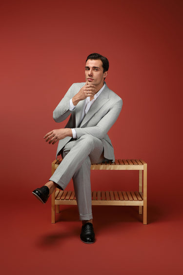 Açık Gri Slim Fit Dar Kesim Çizgili İtalyan Kesim Kruvaze Takım Elbise