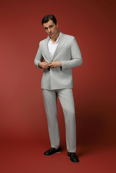 Açık Gri Slim Fit Dar Kesim Çizgili İtalyan Kesim Kruvaze Takım Elbise