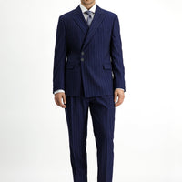 Koyu Lacivert Slim Fit Dar Kesim Çizgili İtalyan Kesim Kruvaze Takım Elbise