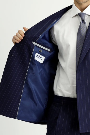 Koyu Lacivert Slim Fit Dar Kesim Çizgili İtalyan Kesim Kruvaze Takım Elbise