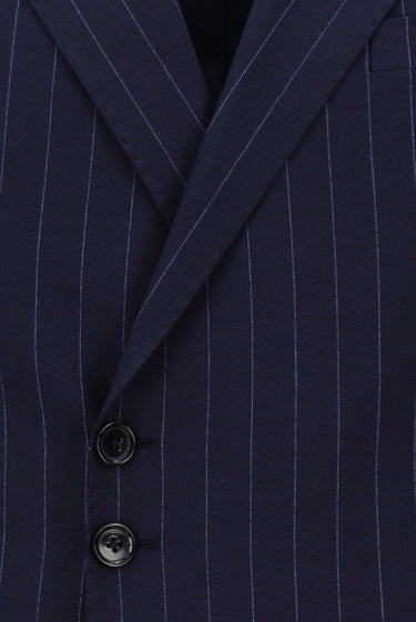 Koyu Lacivert Slim Fit Dar Kesim Çizgili İtalyan Kesim Kruvaze Takım Elbise