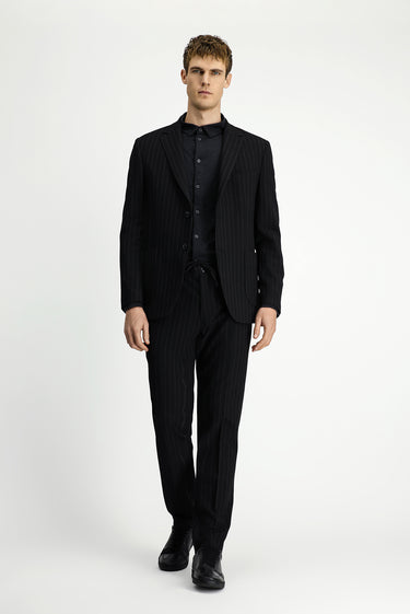 Siyah Slim Fit Dar Kesim Çizgili Beli İpli Spor Takım Elbise