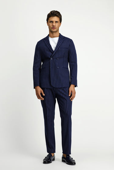 Orta Lacivert Slim Fit Dar Kesim Çizgili Beli Tokalı Kruvaze Takım Elbise