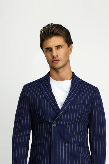 Orta Lacivert Slim Fit Dar Kesim Çizgili Beli Tokalı Kruvaze Takım Elbise