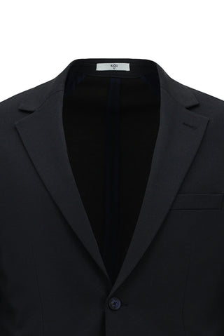 Orta Lacivert 8 Drop Long Slim Fit Uzun Dar Kesim Mono Yaka Beli Lastikli İpli Örme Likralı Esnek Çizgili Yarım Astar Takım Elbise