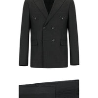 Koyu Füme Slim Fit Dar Kesim Çizgili Yünlü Kruvaze Takım Elbise