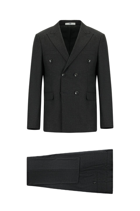 Koyu Füme 7 Drop Slim Fit Dar Kesim Çizgili Yünlü Kruvaze Takım Elbise