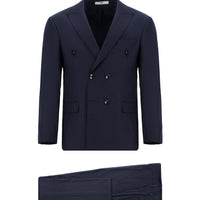 Koyu Lacivert Slim Fit Dar Kesim Çizgili Yünlü Kruvaze Takım Elbise