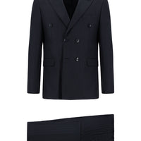 Siyah Lacivert Slim Fit Dar Kesim Çizgili Yünlü Kruvaze Takım Elbise