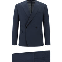 Koyu Lacivert Slim Fit Dar Kesim Yünlü Çizgili Beli Lastikli İpli Kruvaze Takım Elbise