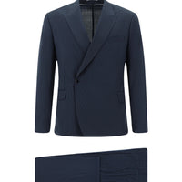 Koyu Lacivert 7 Drop Slim Fit Dar Kesim Yünlü Çizgili Beli Lastikli İpli Kruvaze Takım Elbise