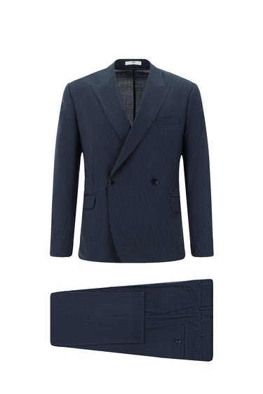 Koyu Lacivert Slim Fit Dar Kesim Yünlü Çizgili Beli Lastikli İpli Kruvaze Takım Elbise