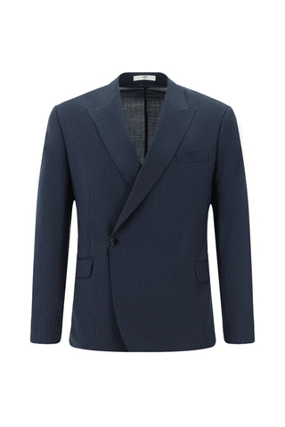 Koyu Lacivert 7 Drop Slim Fit Dar Kesim Yünlü Çizgili Beli Lastikli İpli Kruvaze Takım Elbise