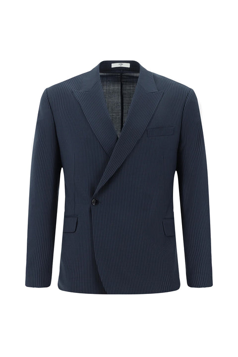 Koyu Lacivert 7 Drop Slim Fit Dar Kesim Yünlü Çizgili Beli Lastikli İpli Kruvaze Takım Elbise
