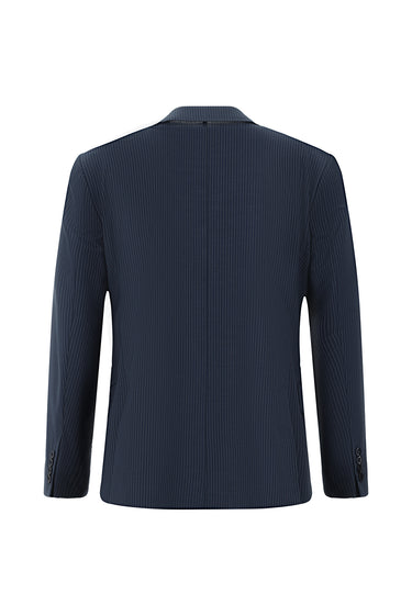 Koyu Lacivert Slim Fit Dar Kesim Yünlü Çizgili Beli Lastikli İpli Kruvaze Takım Elbise