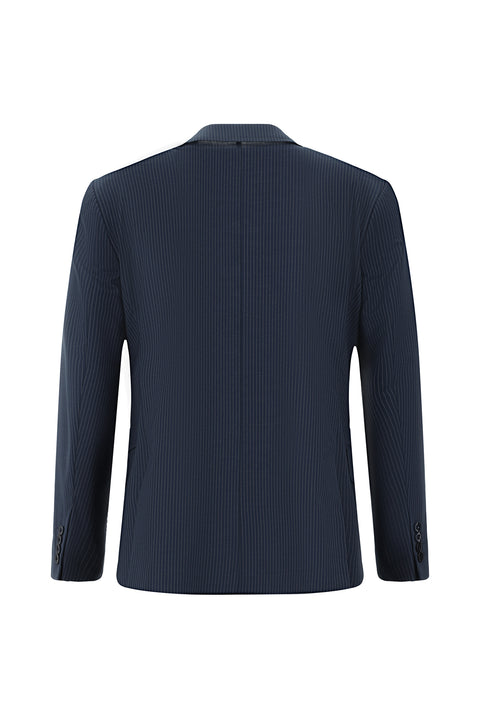 Koyu Lacivert 7 Drop Slim Fit Dar Kesim Yünlü Çizgili Beli Lastikli İpli Kruvaze Takım Elbise