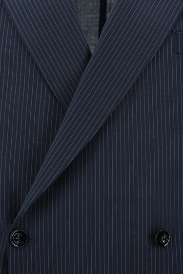 Koyu Lacivert Slim Fit Dar Kesim Yünlü Çizgili Beli Lastikli İpli Kruvaze Takım Elbise