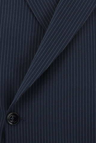 Koyu Lacivert 7 Drop Slim Fit Dar Kesim Yünlü Çizgili Beli Lastikli İpli Kruvaze Takım Elbise