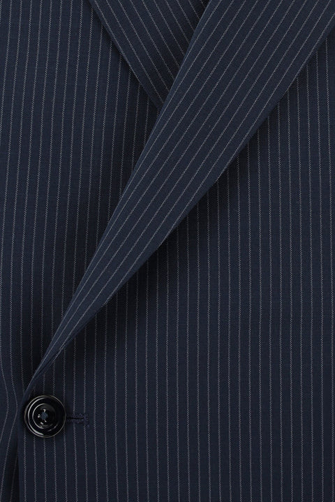Koyu Lacivert 7 Drop Slim Fit Dar Kesim Yünlü Çizgili Beli Lastikli İpli Kruvaze Takım Elbise