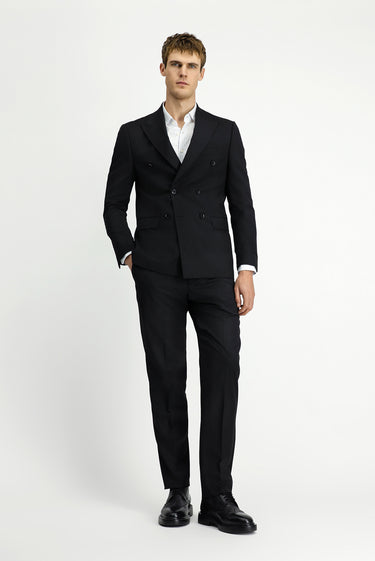 Siyah Regular Fit Yünlü Çizgili Kruvaze Takım Elbise