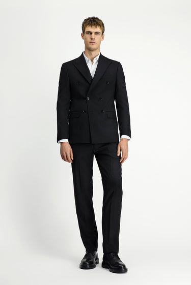 Siyah Regular Fit Yünlü Çizgili Kruvaze Takım Elbise