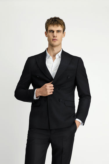 Siyah Regular Fit Yünlü Çizgili Kruvaze Takım Elbise