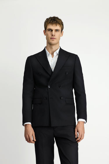 Siyah Regular Fit Yünlü Çizgili Kruvaze Takım Elbise