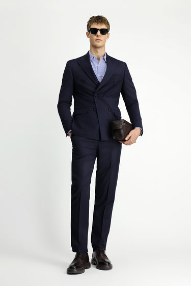 Orta Lacivert Regular Fit Yünlü Çizgili Kruvaze Takım Elbise