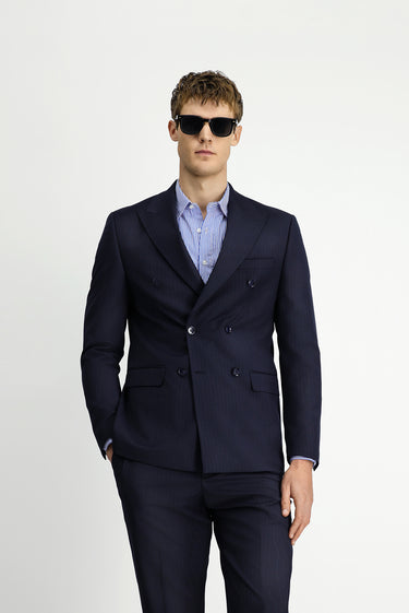 Orta Lacivert Regular Fit Yünlü Çizgili Kruvaze Takım Elbise