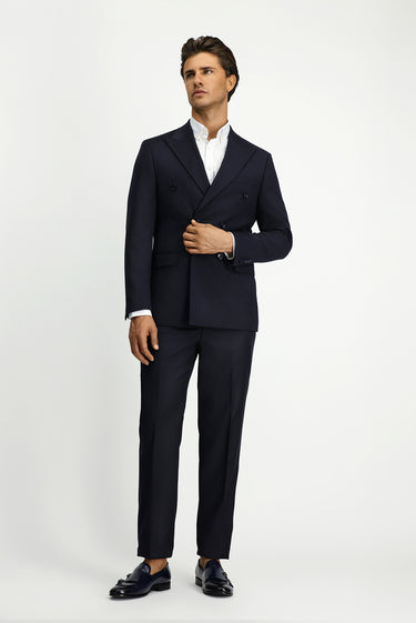 Koyu Lacivert Regular Fit Yünlü Çizgili Kruvaze Takım Elbise