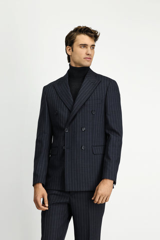 Marengo 7 Drop Slim Fit Dar Kesim Yünlü Çizgili Kruvaze Takım Elbise