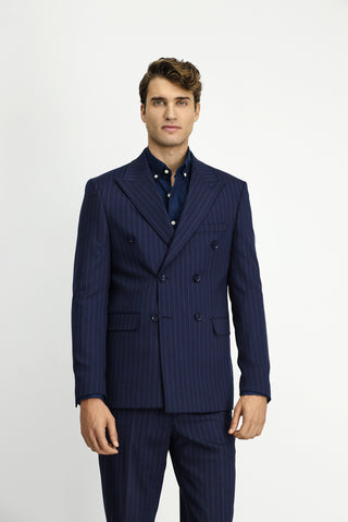 Koyu Lacivert 7 Drop Slim Fit Dar Kesim Yünlü Çizgili Kruvaze Takım Elbise