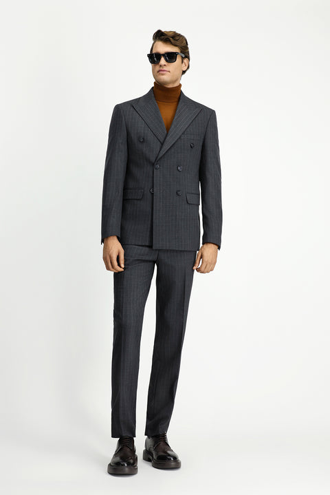 Medium Anthracite 7 Drop Slim Fit Narrow Cut Wool Striped Double-Breasted Suit