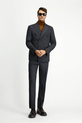 Orta Antrasit 7 Drop Slim Fit Dar Kesim Yünlü Çizgili Kruvaze Takım Elbise