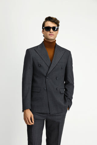 Orta Antrasit 7 Drop Slim Fit Dar Kesim Yünlü Çizgili Kruvaze Takım Elbise