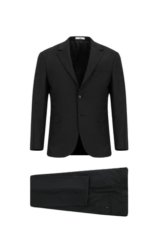 Siyah 7 Drop Slim Fit Dar Kesim Yünlü Çizgili Takım Elbise