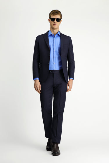 Orta Lacivert Slim Fit Dar Kesim Yünlü Çizgili Klasik Takım Elbise