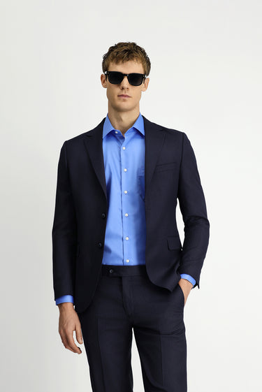 Orta Lacivert Slim Fit Dar Kesim Yünlü Çizgili Klasik Takım Elbise