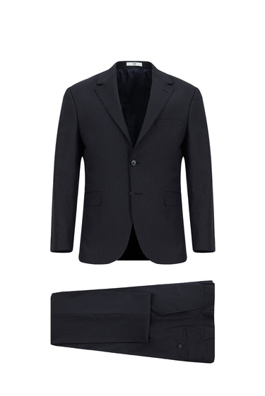 Orta Lacivert Slim Fit Dar Kesim Yünlü Çizgili Klasik Takım Elbise