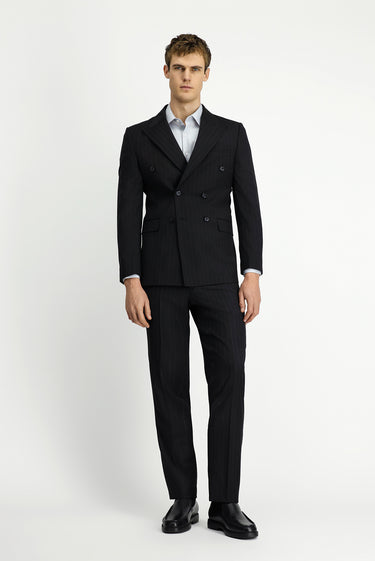Siyah Regular Fit Çizgili Yünlü Kruvaze Takım Elbise