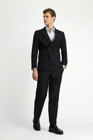 Siyah Regular Fit Çizgili Yünlü Kruvaze Takım Elbise