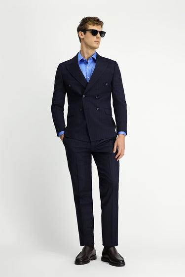 Orta Lacivert Regular Fit Çizgili Yünlü Kruvaze Takım Elbise