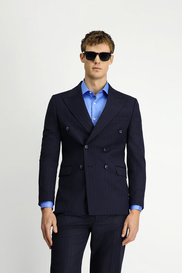 Orta Lacivert Regular Fit Çizgili Yünlü Kruvaze Takım Elbise