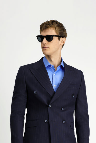 Orta Lacivert Regular Fit Çizgili Yünlü Kruvaze Takım Elbise