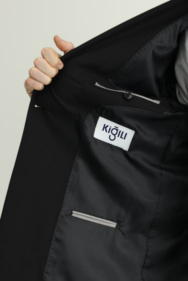 Siyah Regular Fit Çizgili Yünlü Kruvaze Takım Elbise