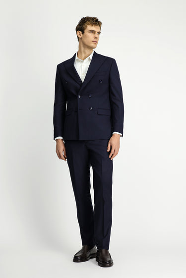 Orta Lacivert Regular Fit Çizgili Yünlü Kruvaze Takım Elbise