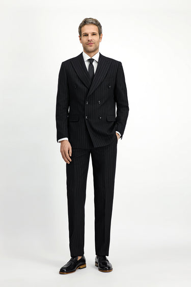 Siyah Regular Fit Yünlü Çizgili Kruvaze Takım Elbise