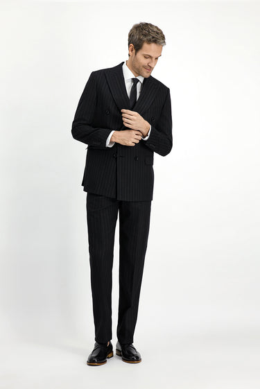 Siyah Regular Fit Yünlü Çizgili Kruvaze Takım Elbise